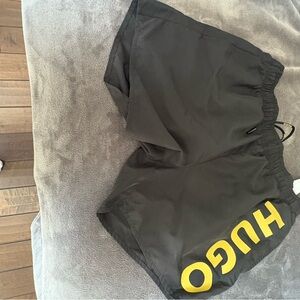 HUGO Black Swim Shorts with Yellow Logo